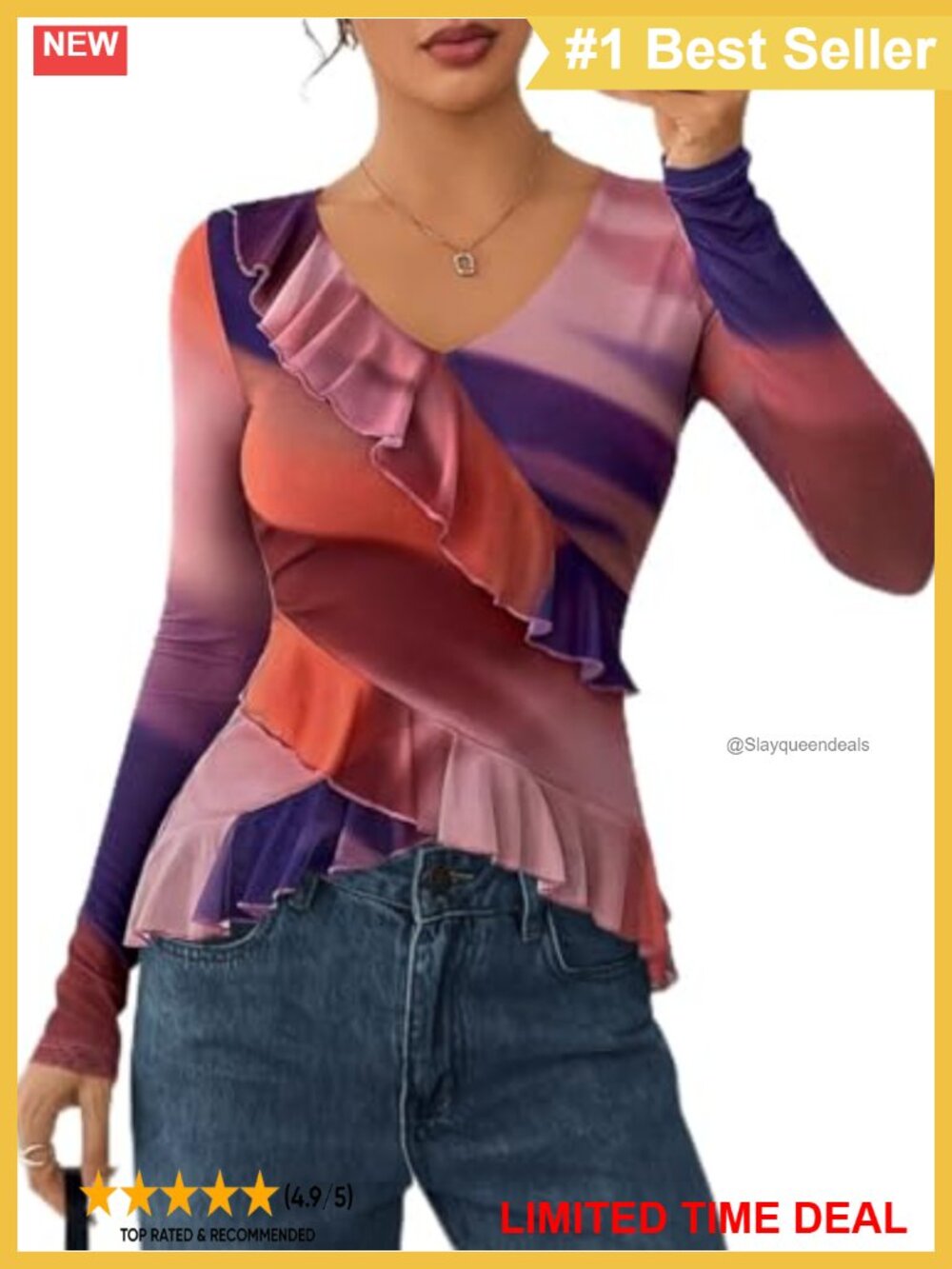 ZESICA Floral Print Ruffle V-Neck Long Sleeve Blouse Asymmetrical Hem